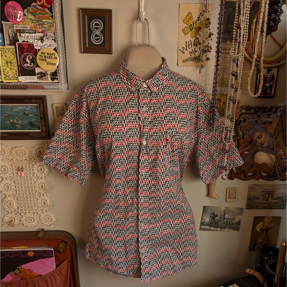 Levi's Monogram Logo Print Button Up Shirt Men's Medium/Large Red White Blue